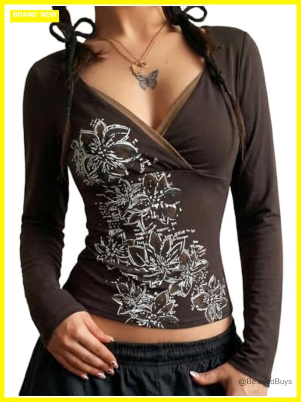 EMMIOL Y2K Fairy Grunge Long Sleeve Floral V-Neck Crop Top Tee